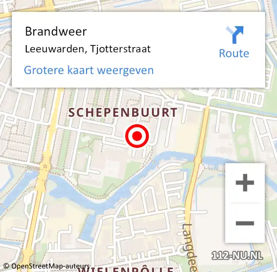 Locatie op kaart van de 112 melding: Brandweer Leeuwarden, Tjotterstraat op 18 juni 2021 10:31