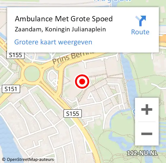Locatie op kaart van de 112 melding: Ambulance Met Grote Spoed Naar Zaandam, Koningin Julianaplein op 18 juni 2021 10:58
