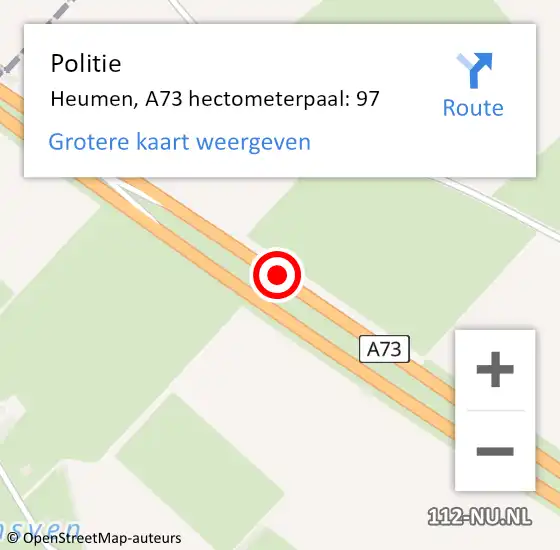 Locatie op kaart van de 112 melding: Politie Heumen, A73 hectometerpaal: 97 op 18 juni 2021 11:13