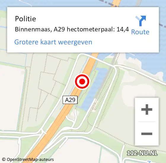 Locatie op kaart van de 112 melding: Politie Binnenmaas, A29 hectometerpaal: 14,4 op 18 juni 2021 11:18