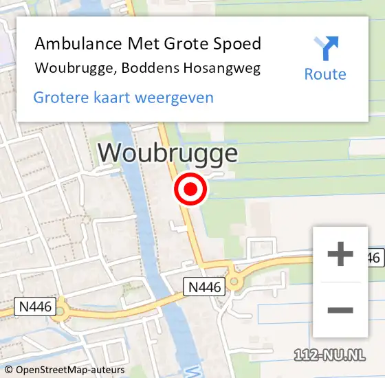 Locatie op kaart van de 112 melding: Ambulance Met Grote Spoed Naar Woubrugge, Boddens Hosangweg op 18 juni 2021 11:24