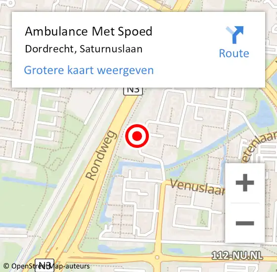 Locatie op kaart van de 112 melding: Ambulance Met Spoed Naar Dordrecht, Saturnuslaan op 18 juni 2021 11:36