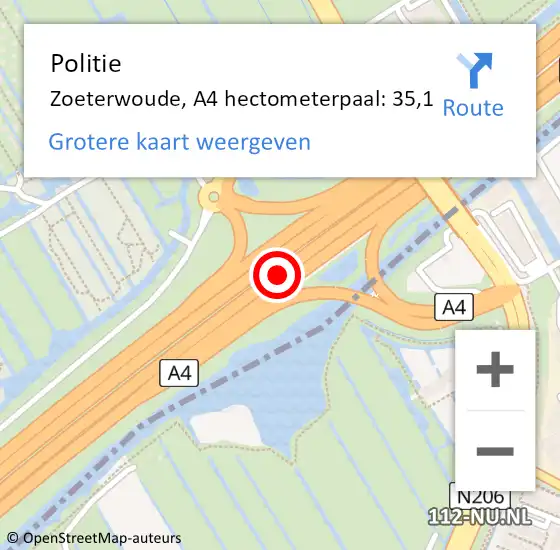 Locatie op kaart van de 112 melding: Politie Zoeterwoude, A4 hectometerpaal: 35,1 op 18 juni 2021 14:33