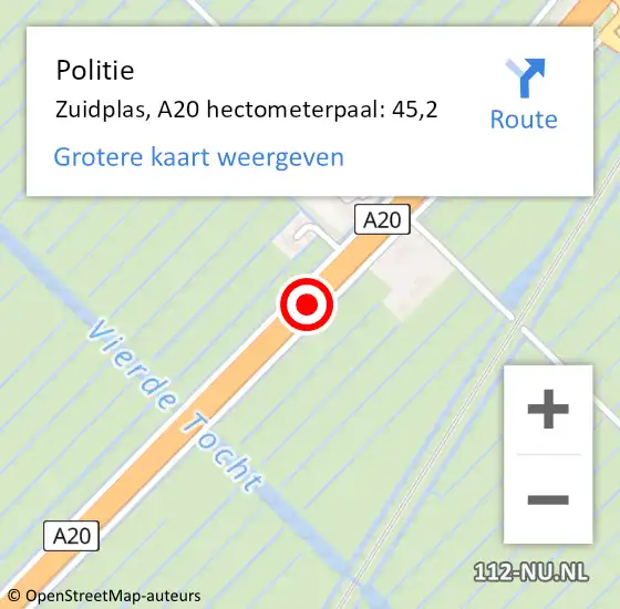 Locatie op kaart van de 112 melding: Politie Zuidplas, A20 hectometerpaal: 45,2 op 18 juni 2021 14:38