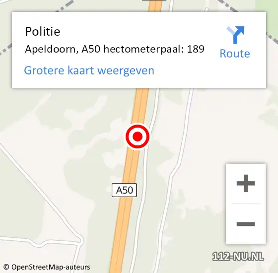 Locatie op kaart van de 112 melding: Politie Apeldoorn, A50 hectometerpaal: 189 op 18 juni 2021 14:57