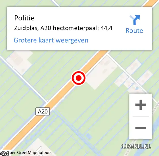 Locatie op kaart van de 112 melding: Politie Zuidplas, A20 hectometerpaal: 44,4 op 18 juni 2021 15:02