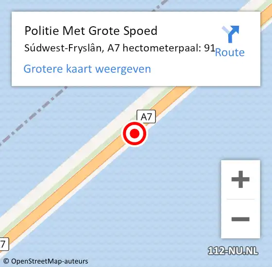 Locatie op kaart van de 112 melding: Politie Met Grote Spoed Naar Súdwest-Fryslân, A7 hectometerpaal: 91 op 18 juni 2021 15:27