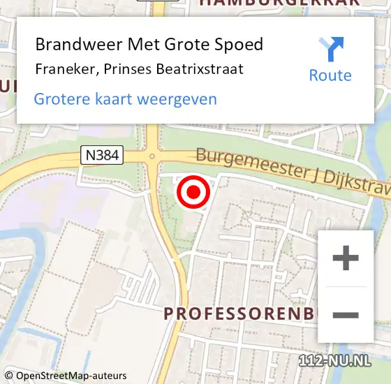 Locatie op kaart van de 112 melding: Brandweer Met Grote Spoed Naar Franeker, Prinses Beatrixstraat op 18 juni 2021 15:27