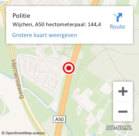 Locatie op kaart van de 112 melding: Politie Wijchen, A50 hectometerpaal: 144,4 op 18 juni 2021 16:22