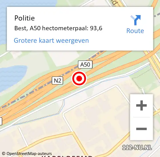 Locatie op kaart van de 112 melding: Politie Eindhoven, A50 hectometerpaal: 93,6 op 18 juni 2021 16:25