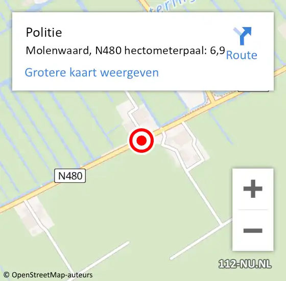 Locatie op kaart van de 112 melding: Politie Molenwaard, N480 hectometerpaal: 6,9 op 18 juni 2021 16:36