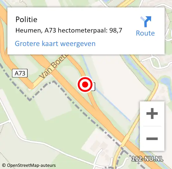 Locatie op kaart van de 112 melding: Politie Heumen, A73 hectometerpaal: 98,7 op 18 juni 2021 16:50