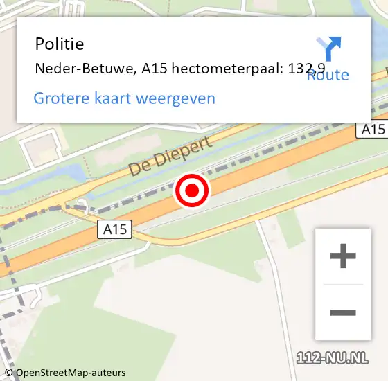 Locatie op kaart van de 112 melding: Politie Neder-Betuwe, A15 hectometerpaal: 132,9 op 18 juni 2021 17:23