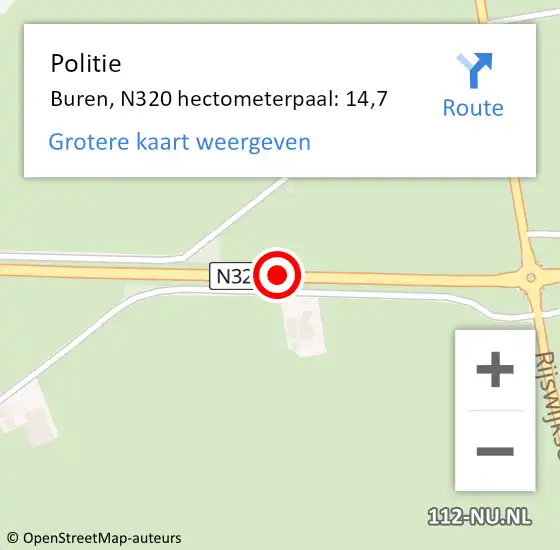Locatie op kaart van de 112 melding: Politie Buren, N320 hectometerpaal: 14,7 op 18 juni 2021 17:35