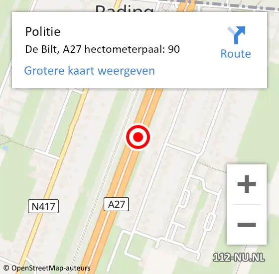 Locatie op kaart van de 112 melding: Politie De Bilt, A27 hectometerpaal: 90 op 18 juni 2021 18:54