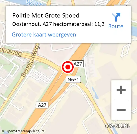 Locatie op kaart van de 112 melding: Politie Met Grote Spoed Naar Oosterhout, A27 hectometerpaal: 11,2 op 18 juni 2021 19:35