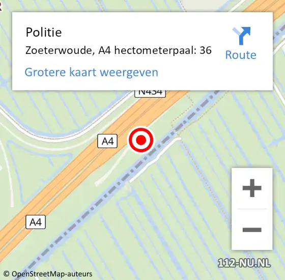 Locatie op kaart van de 112 melding: Politie Zoeterwoude, A4 hectometerpaal: 36 op 18 juni 2021 22:01