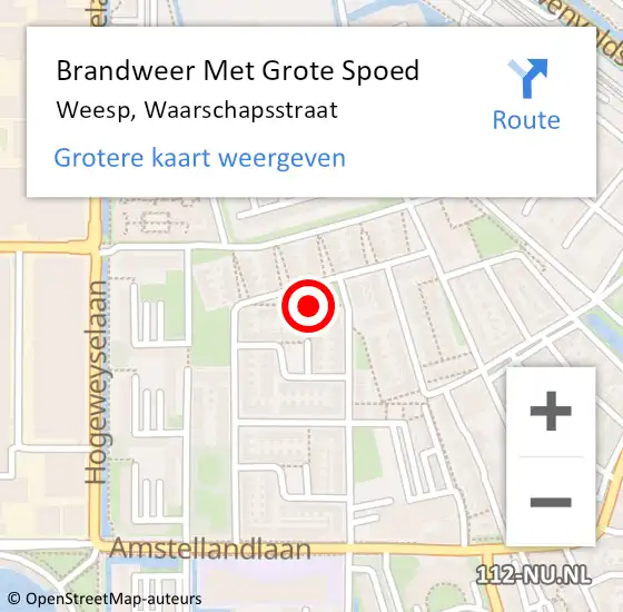 Locatie op kaart van de 112 melding: Brandweer Met Grote Spoed Naar Weesp, Waarschapsstraat op 19 juni 2021 00:01