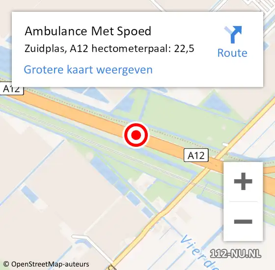 Locatie op kaart van de 112 melding: Ambulance Met Spoed Naar Zuidplas, A12 hectometerpaal: 22,5 op 19 juni 2021 04:36