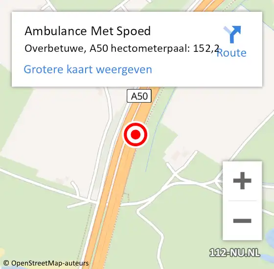Locatie op kaart van de 112 melding: Ambulance Met Spoed Naar Overbetuwe, A50 hectometerpaal: 152,2 op 19 juni 2021 14:35