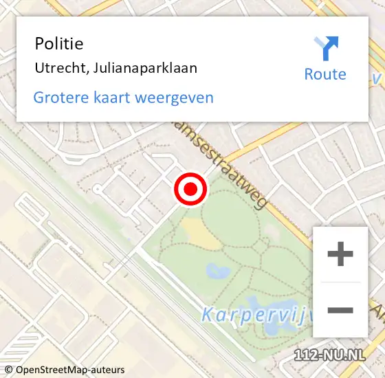 Locatie op kaart van de 112 melding: Politie Utrecht, Julianaparklaan op 19 juni 2021 15:05