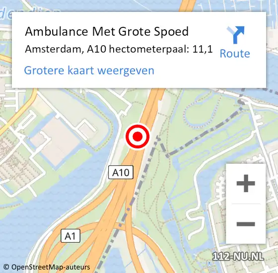 Locatie op kaart van de 112 melding: Ambulance Met Grote Spoed Naar Amsterdam, A10 hectometerpaal: 11,1 op 19 juni 2021 16:02