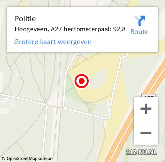 Locatie op kaart van de 112 melding: Politie Hoogeveen, A27 hectometerpaal: 92,8 op 19 juni 2021 19:33