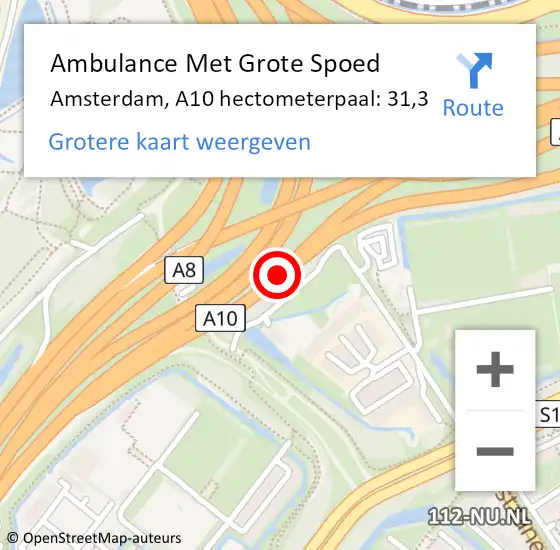 Locatie op kaart van de 112 melding: Ambulance Met Grote Spoed Naar Amsterdam, A10 hectometerpaal: 31,3 op 19 juni 2021 19:59