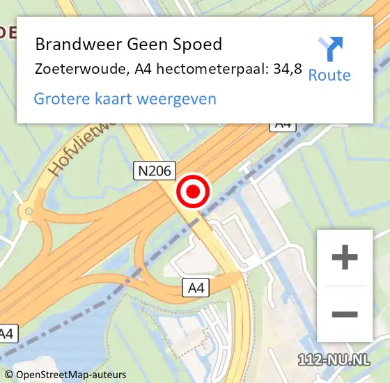 Locatie op kaart van de 112 melding: Brandweer Geen Spoed Naar Zoeterwoude, A4 hectometerpaal: 34,8 op 19 juni 2021 23:13