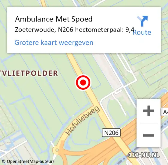 Locatie op kaart van de 112 melding: Ambulance Met Spoed Naar Zoeterwoude, N206 hectometerpaal: 9,4 op 20 juni 2021 08:42