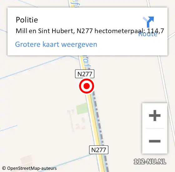 Locatie op kaart van de 112 melding: Politie Mill en Sint Hubert, N277 hectometerpaal: 114,7 op 20 juni 2021 09:04