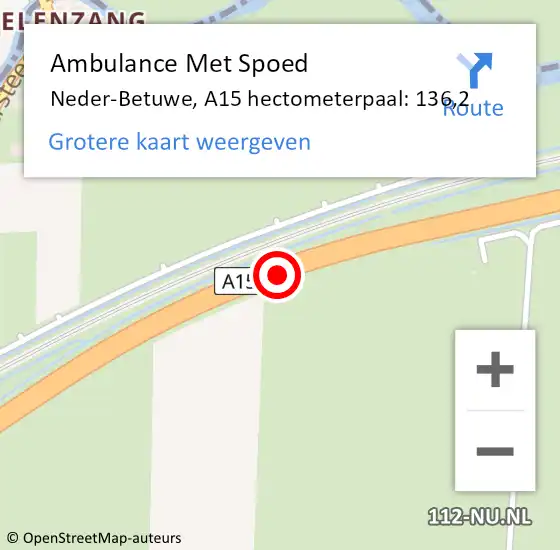 Locatie op kaart van de 112 melding: Ambulance Met Spoed Naar Neder-Betuwe, A15 hectometerpaal: 136,2 op 20 juni 2021 10:59