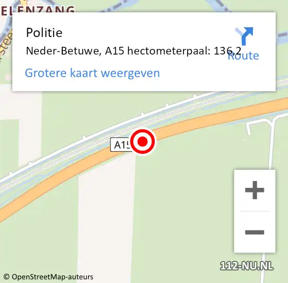 Locatie op kaart van de 112 melding: Politie Neder-Betuwe, A15 hectometerpaal: 136,2 op 20 juni 2021 11:04