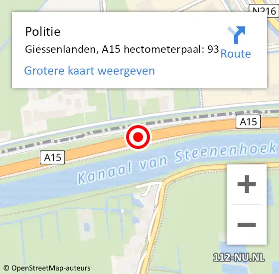 Locatie op kaart van de 112 melding: Politie Giessenlanden, A15 hectometerpaal: 93 op 20 juni 2021 12:03