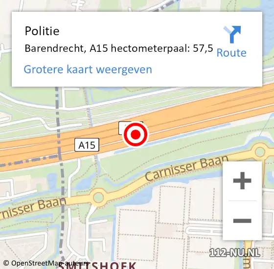 Locatie op kaart van de 112 melding: Politie Barendrecht, A15 hectometerpaal: 57,5 op 20 juni 2021 13:15