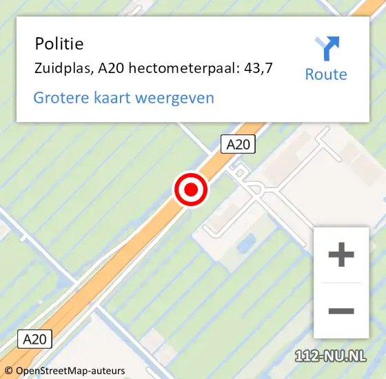 Locatie op kaart van de 112 melding: Politie Zuidplas, A20 hectometerpaal: 43,7 op 20 juni 2021 15:16