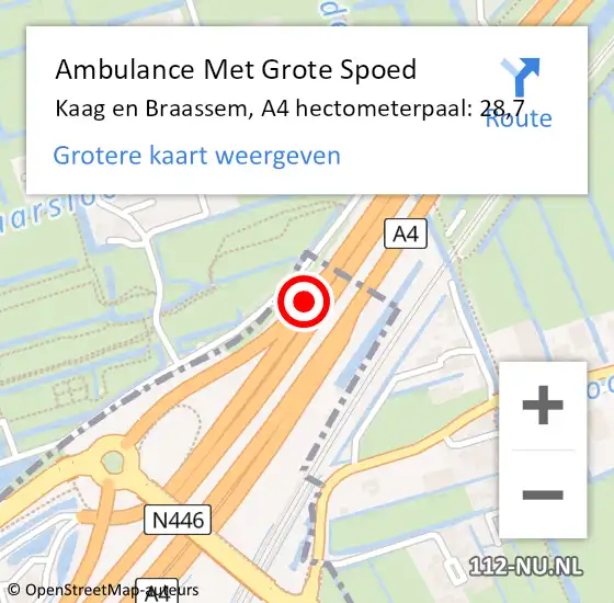 Locatie op kaart van de 112 melding: Ambulance Met Grote Spoed Naar Kaag en Braassem, A4 hectometerpaal: 28,7 op 20 juni 2021 16:03