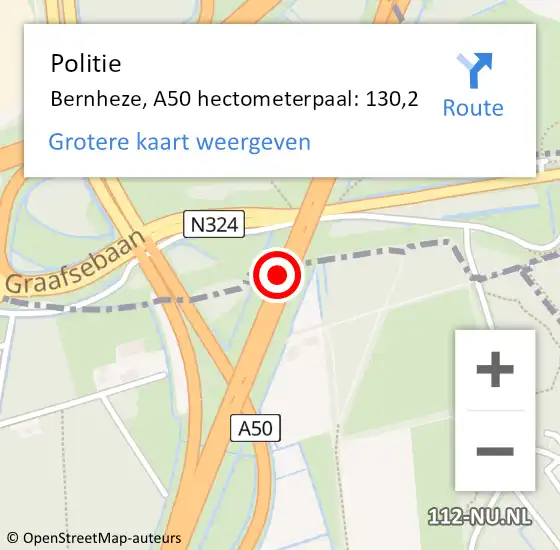 Locatie op kaart van de 112 melding: Politie Bernheze, A50 hectometerpaal: 130,2 op 20 juni 2021 17:50
