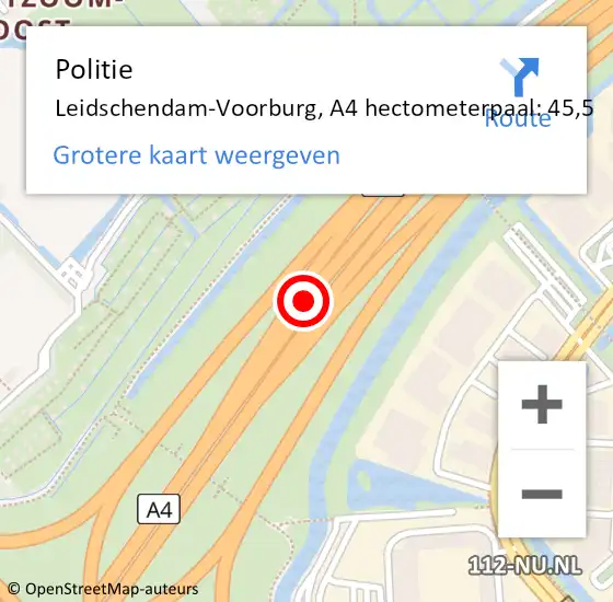 Locatie op kaart van de 112 melding: Politie Leidschendam-Voorburg, A4 hectometerpaal: 45,5 op 20 juni 2021 20:16