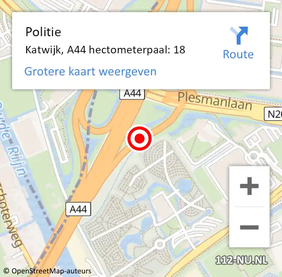 Locatie op kaart van de 112 melding: Politie Katwijk, A44 hectometerpaal: 18 op 20 juni 2021 21:28