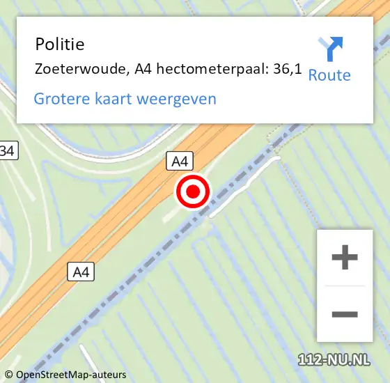 Locatie op kaart van de 112 melding: Politie Zoeterwoude, A4 hectometerpaal: 36,1 op 20 juni 2021 21:46