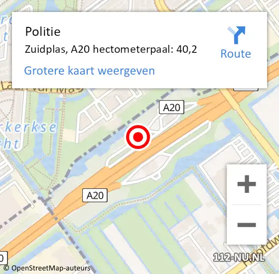 Locatie op kaart van de 112 melding: Politie Zuidplas, A20 hectometerpaal: 40,2 op 20 juni 2021 22:41