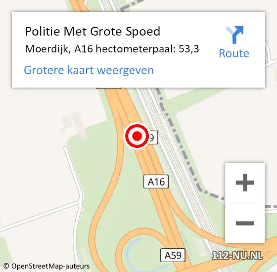 Locatie op kaart van de 112 melding: Politie Met Grote Spoed Naar Moerdijk, A16 hectometerpaal: 53,3 op 21 juni 2021 00:25