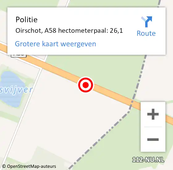 Locatie op kaart van de 112 melding: Politie Oirschot, A58 hectometerpaal: 26,1 op 21 juni 2021 04:34
