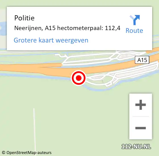 Locatie op kaart van de 112 melding: Politie Neerijnen, A15 hectometerpaal: 112,4 op 21 juni 2021 09:45