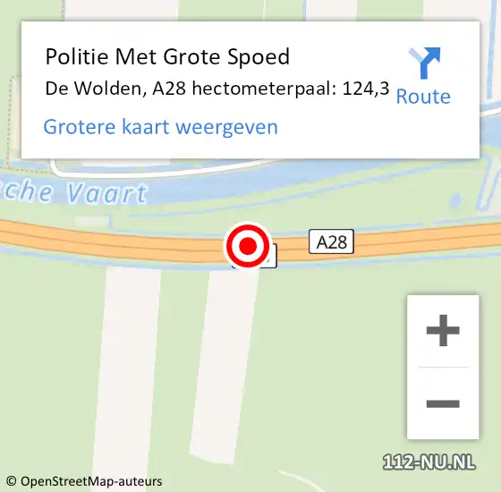 Locatie op kaart van de 112 melding: Politie Met Grote Spoed Naar De Wolden, A28 hectometerpaal: 124,3 op 21 juni 2021 12:13