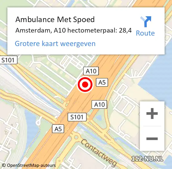 Locatie op kaart van de 112 melding: Ambulance Met Spoed Naar Amsterdam, A10 hectometerpaal: 28,4 op 21 juni 2021 15:04