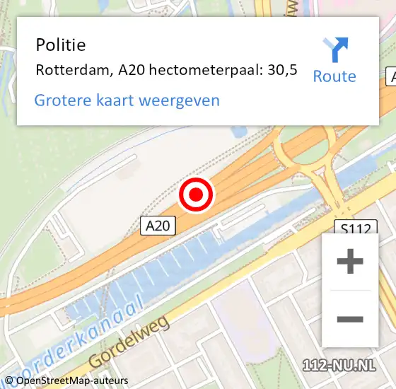 Locatie op kaart van de 112 melding: Politie Rotterdam, A20 hectometerpaal: 30,5 op 21 juni 2021 15:25