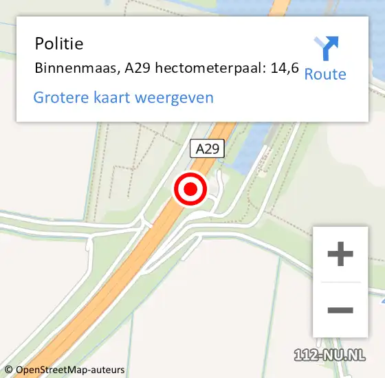 Locatie op kaart van de 112 melding: Politie Binnenmaas, A29 hectometerpaal: 14,6 op 21 juni 2021 15:54