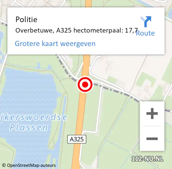 Locatie op kaart van de 112 melding: Politie Arnhem, A325 hectometerpaal: 17,7 op 21 juni 2021 16:43